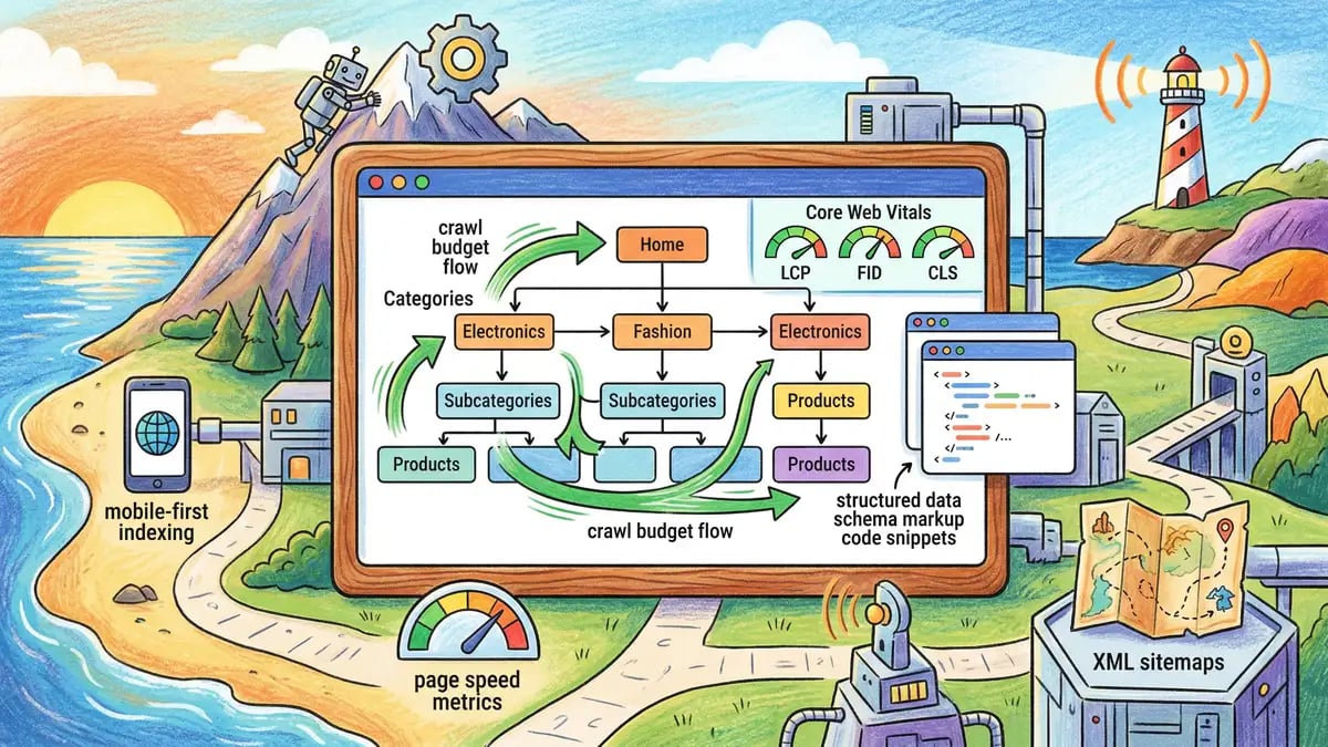 Technical SEO architecture diagram showing crawl flow, indexing strategy, and Core Web Vitals integration