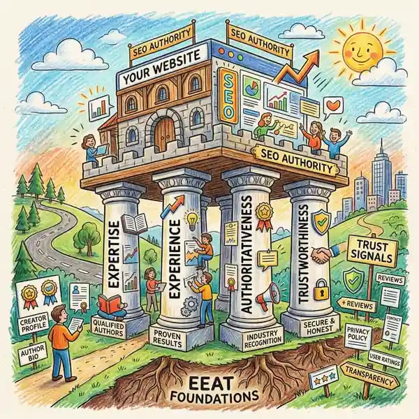 E-E-A-T signals and authority indicators on a branded homepage