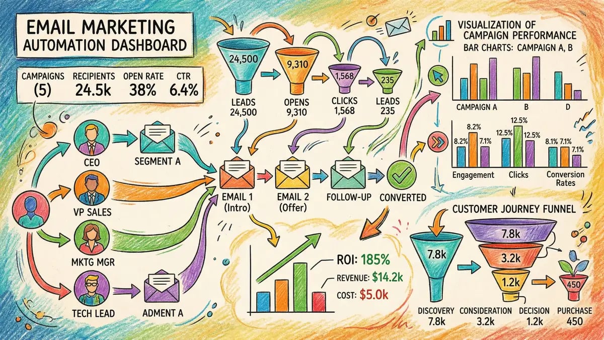 B2B email marketing strategy dashboard showing open rates, click-through rates, conversions and ROI metrics across multiple campaigns