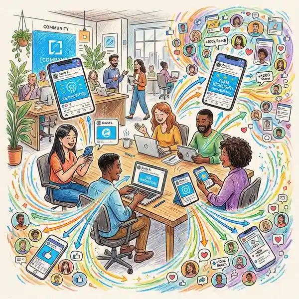 Team members sharing branded LinkedIn content through personal profiles for employee advocacy