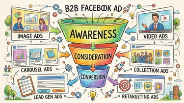 B2B Facebook advertising funnel: prospecting, offer capture, and retargeting layers