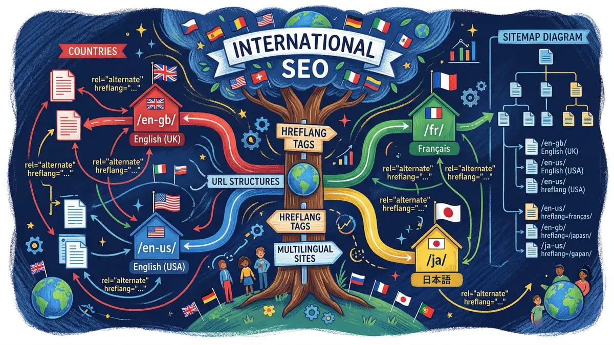 Technical SEO architecture showing hreflang tags, language targeting, and subdirectory structure for multi-region content