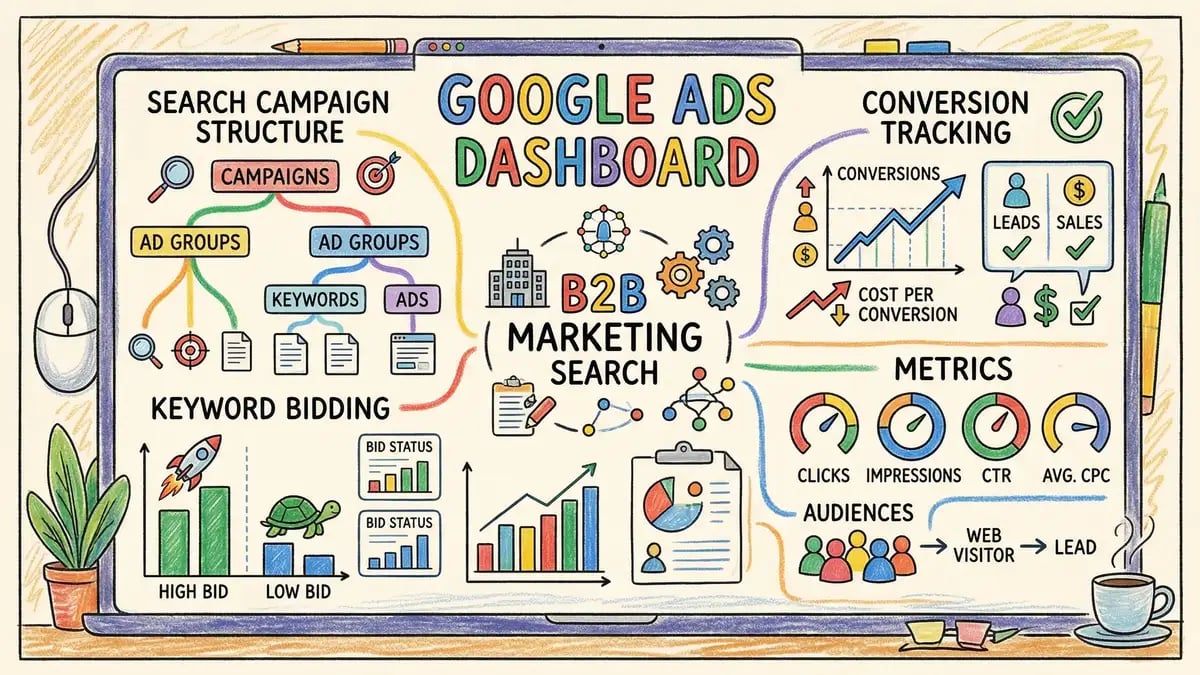 Google Ads B2B campaign management dashboard showing search campaign structure, keyword bidding, and conversion tracking metrics