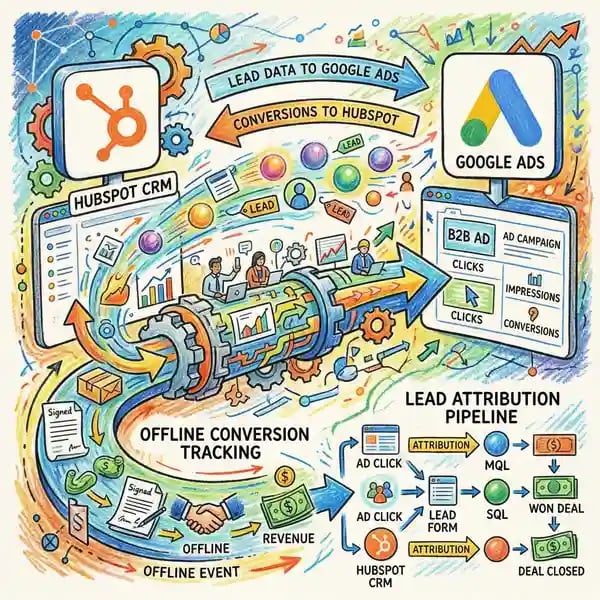 HubSpot CRM integration with Google Ads illustration showing offline conversion tracking and lead attribution data pipeline