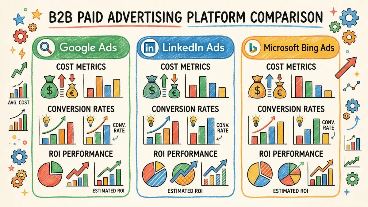 B2B paid advertising platform comparison showing Google Ads versus LinkedIn Ads versus Microsoft Bing Ads with cost and ROI metrics