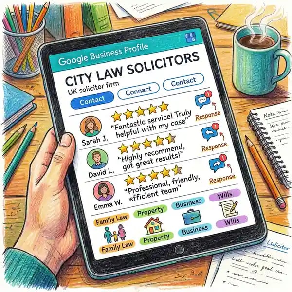 Google Business Profile listing for a UK solicitor firm showing client reviews with star ratings and practice area categories on tablet