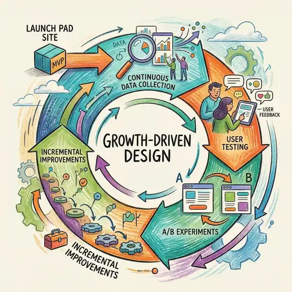 Growth-Driven Design methodology showing iterative website improvement cycle with data collection and A/B testing