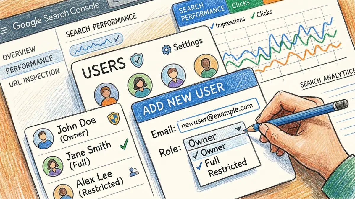 Pencil crayon illustration of a Google Search Console dashboard showing user management settings with permission levels and search analytics graphs