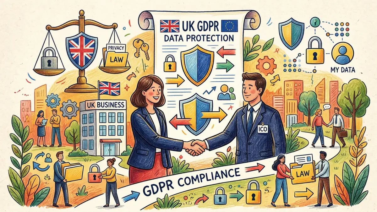 Pencil crayon illustration of GDPR compliance showing data protection documents with UK flag, business handshake, and privacy icons