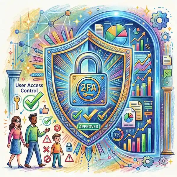 Pencil crayon illustration of a security shield protecting analytics data with padlock and two-factor authentication symbols