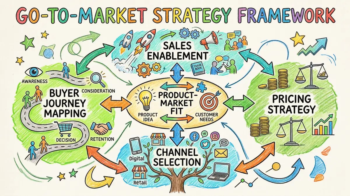 Complete go-to-market strategy framework diagram showing 7 sequential steps from ICP definition through customer success