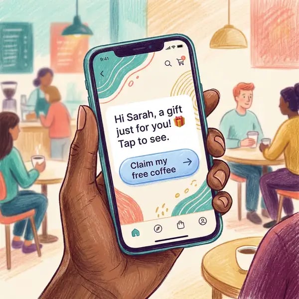 Hand holding a smartphone displaying a personalised marketing notification with an adaptive call-to-action button, showing mobile-optimised Smart CTA personalisation