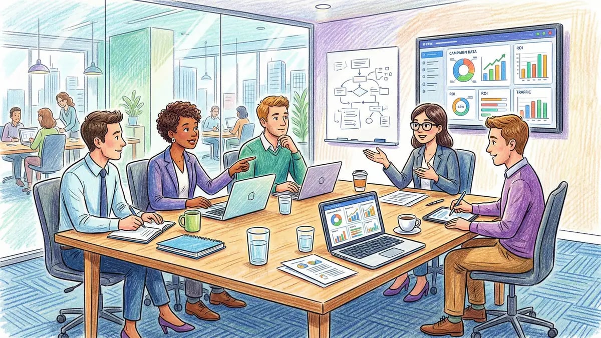 UK business team interviewing a digital marketing agency in a modern conference room