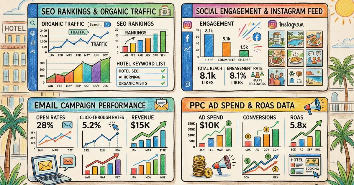 Hotel digital marketing tactics dashboard showing SEO, social media, and email performance metrics