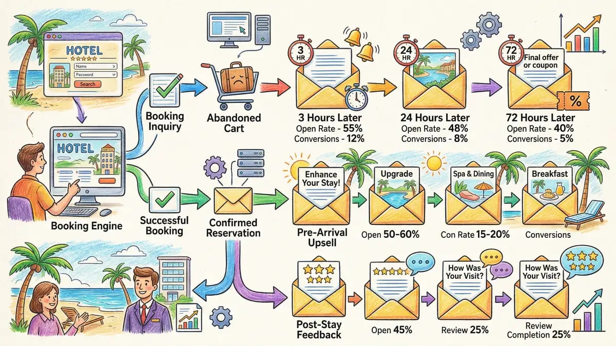 Hotel email marketing automation workflow showing cart abandonment and pre-arrival sequences