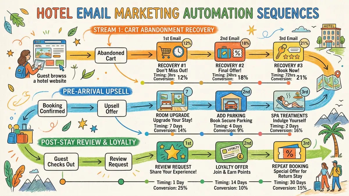 Hotel email automation workflow showing cart abandonment and pre-arrival upsell sequences