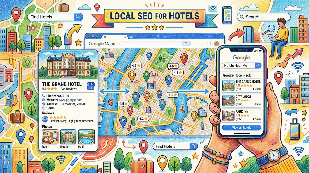 Local SEO optimisation for hotels showing Google Business Profile and Hotel Pack results