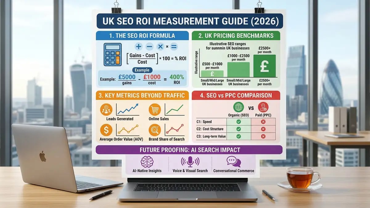 SEO vs PPC ROI comparison infographic showing 12-month and 36-month returns for UK businesses