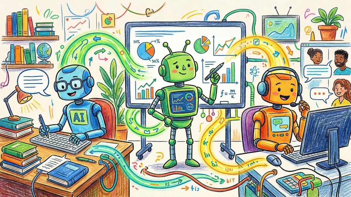 Interconnected AI agents handling marketing tasks including content writing, data analysis, and customer service