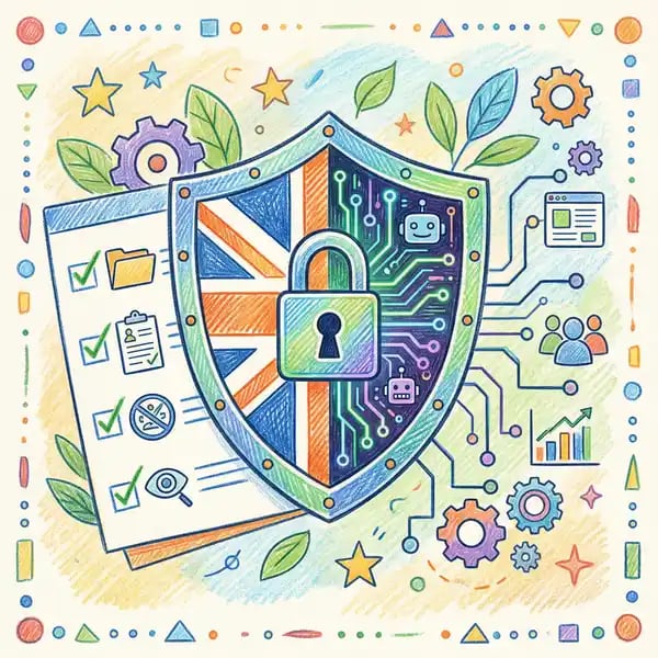 UK data protection shield with AI circuit patterns representing GDPR compliance for marketing automation