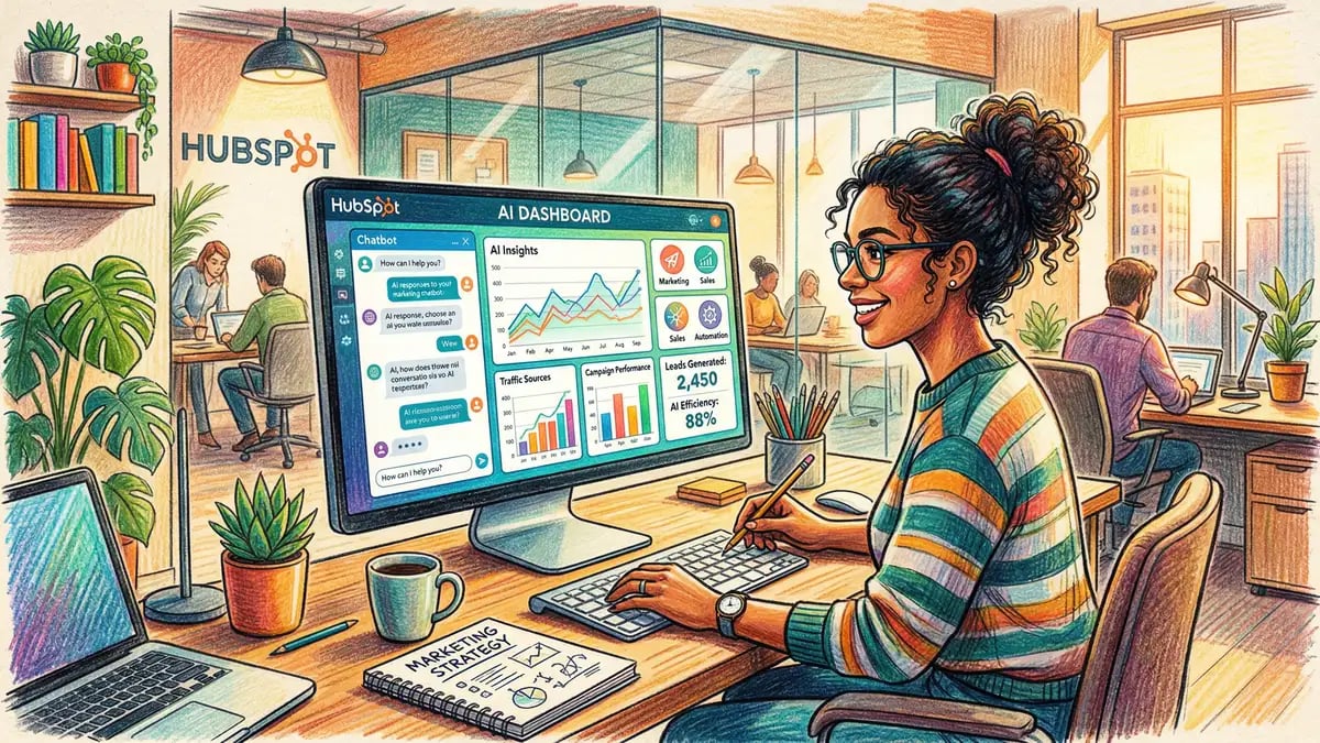 Marketing professional using HubSpot Breeze AI dashboard showing chatbot conversations and analytics