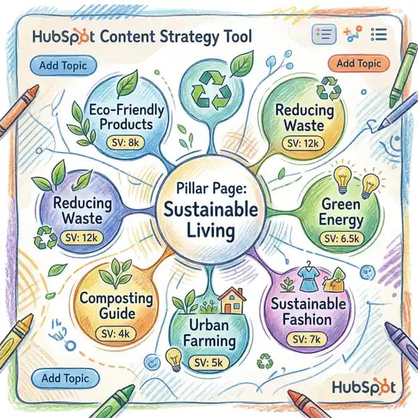 HubSpot Content Strategy Tool dashboard showing topic clusters, pillar page, and internal linking visualization