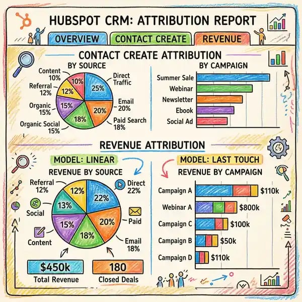 HubSpot attribution dashboard showing multi-touch models and revenue attribution data