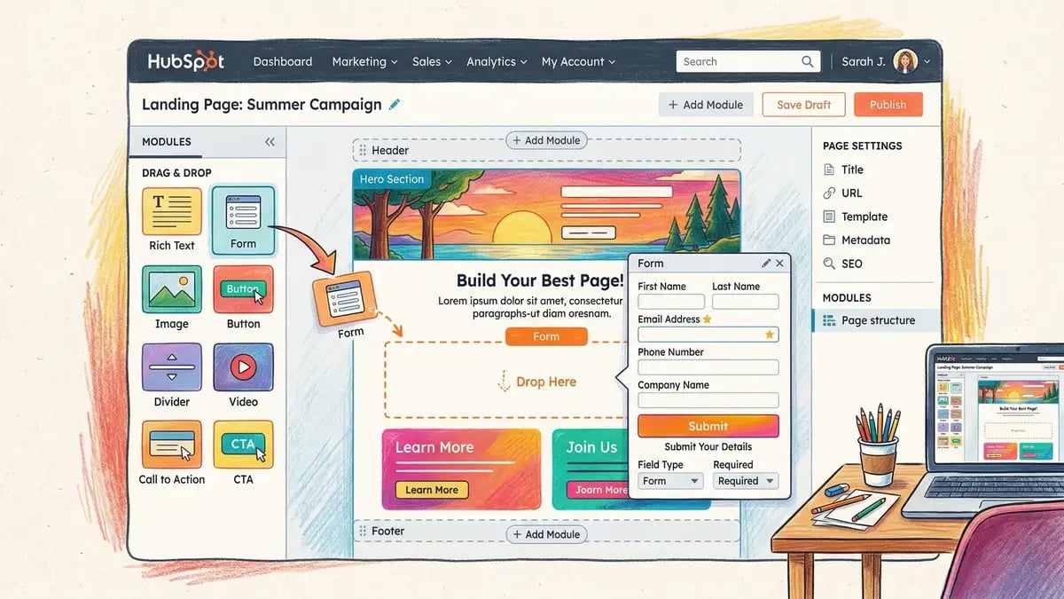 HubSpot landing page builder interface with drag-and-drop modules and form editor