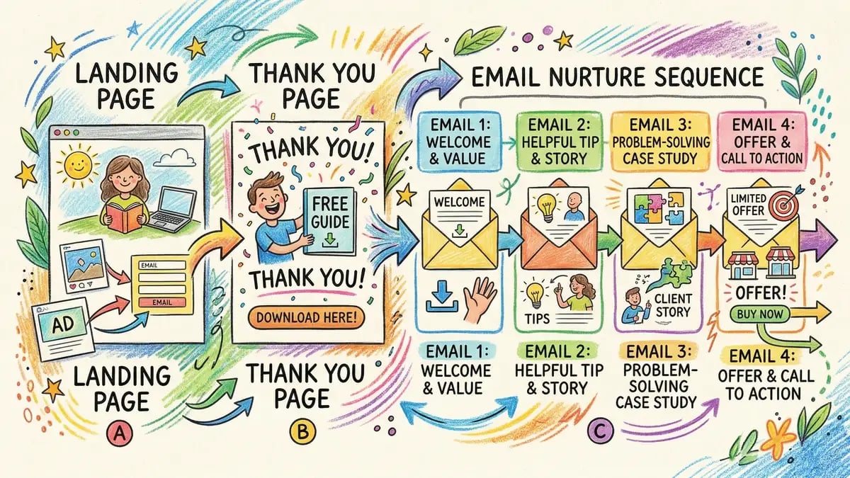 Landing page conversion funnel showing visitor journey from click to thank you page