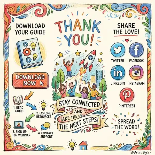 Thank you page design with next steps, social sharing and download button