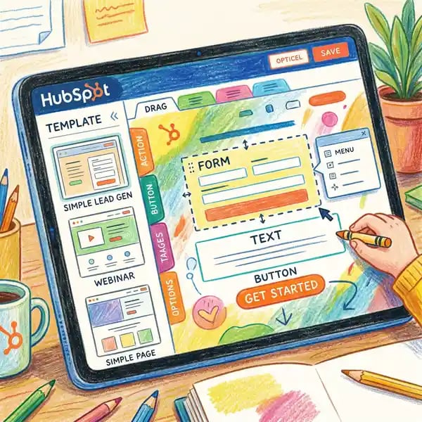 HubSpot landing page builder interface showing drag-and-drop modules and form configuration