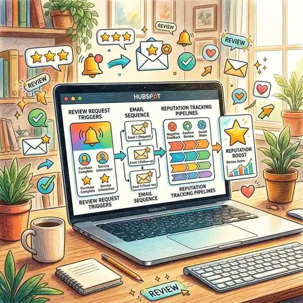 HubSpot workflow builder showing automated review request sequences and contact property tracking