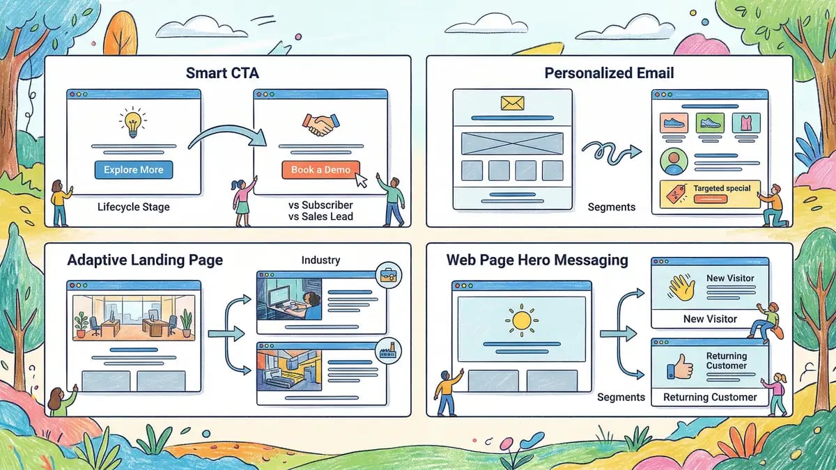Smart content types displayed: CTA personalisation by lifecycle stage, email personalisation by engagement, landing page personalisation by source, web page personalisation by segment