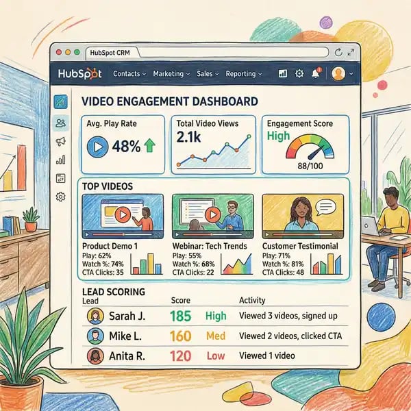 HubSpot video tracking dashboard showing engagement metrics and viewer details