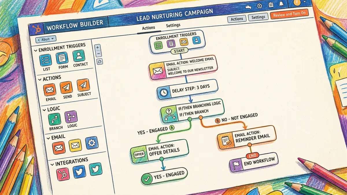 HubSpot workflow builder interface showing trigger conditions, action sequences, and workflow visualisation