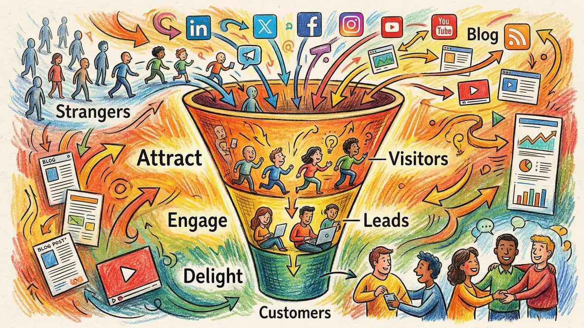 Inbound marketing methodology funnel showing Attract, Convert, Close, and Delight phases