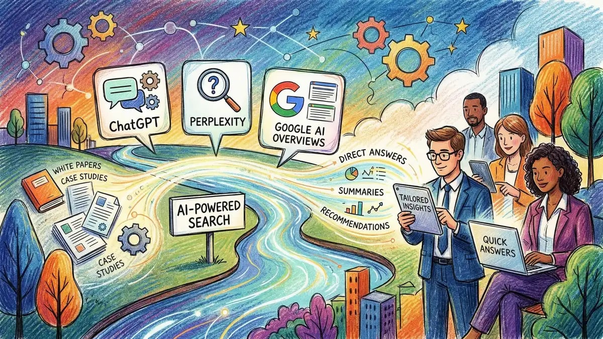 AI-powered search engines and answer engine optimisation concept showing how B2B buyers discover content through ChatGPT, Perplexity, and Google AI Overviews