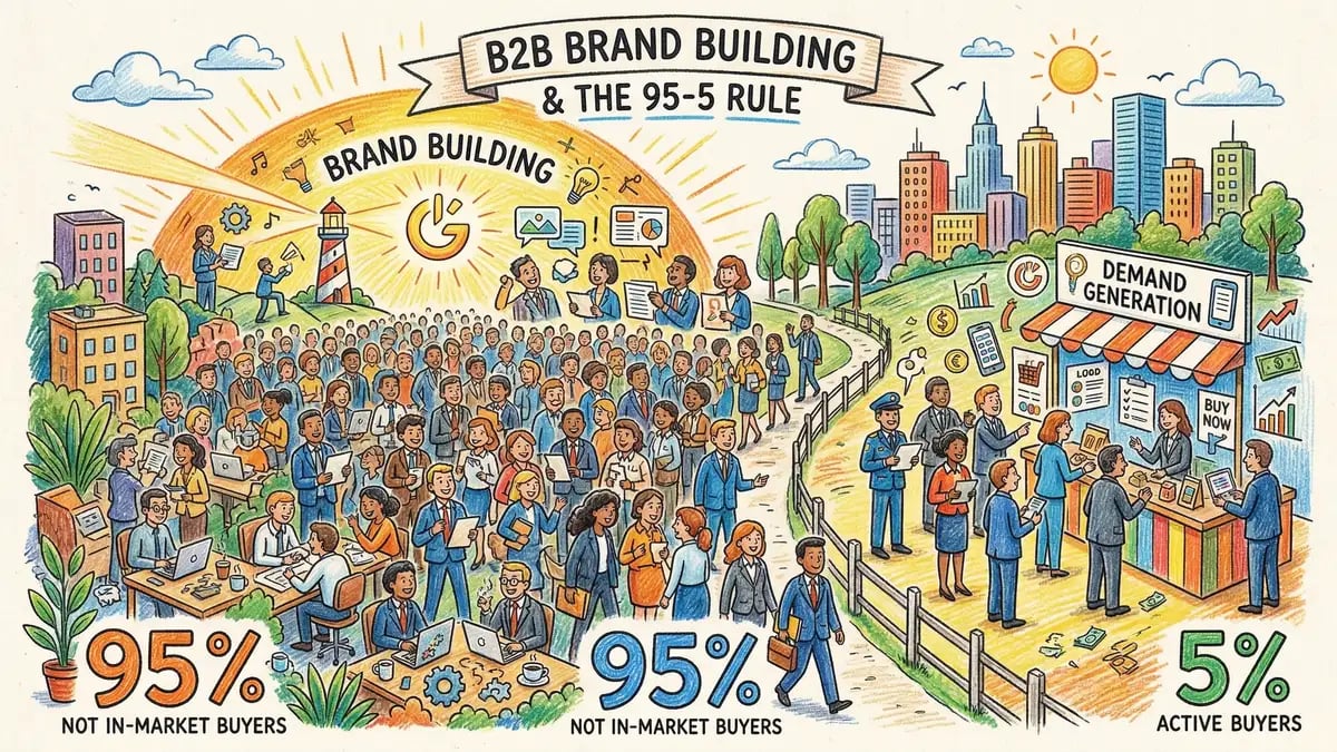 B2B brand building and the 95-5 rule illustration showing balance between brand awareness for future buyers and demand generation for active prospects