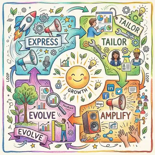 HubSpot Loop framework illustration showing four interconnected stages of Express, Tailor, Amplify, and Evolve for inbound marketing
