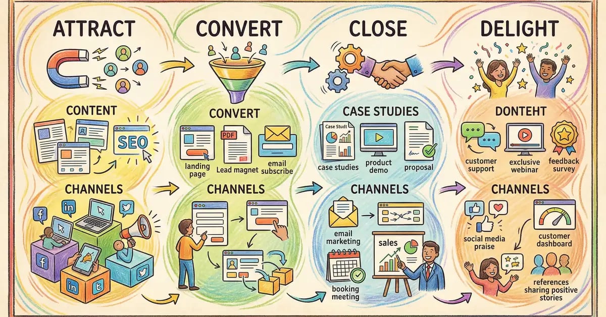 Inbound marketing strategy framework showing attract, convert, close, delight stages