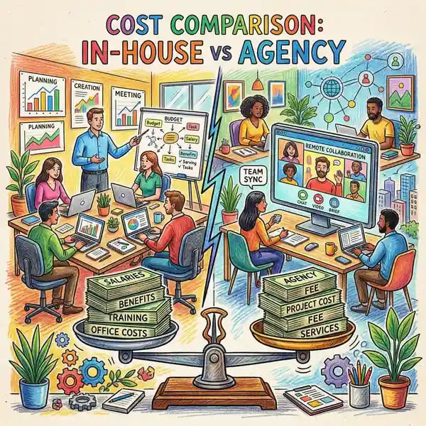 Cost comparison between in-house marketing team and agency partnership with budget scales