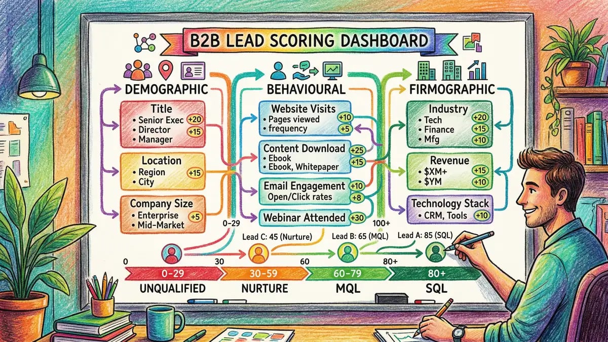 Lead scoring model showing fit and engagement dimensions with automatic routing logic