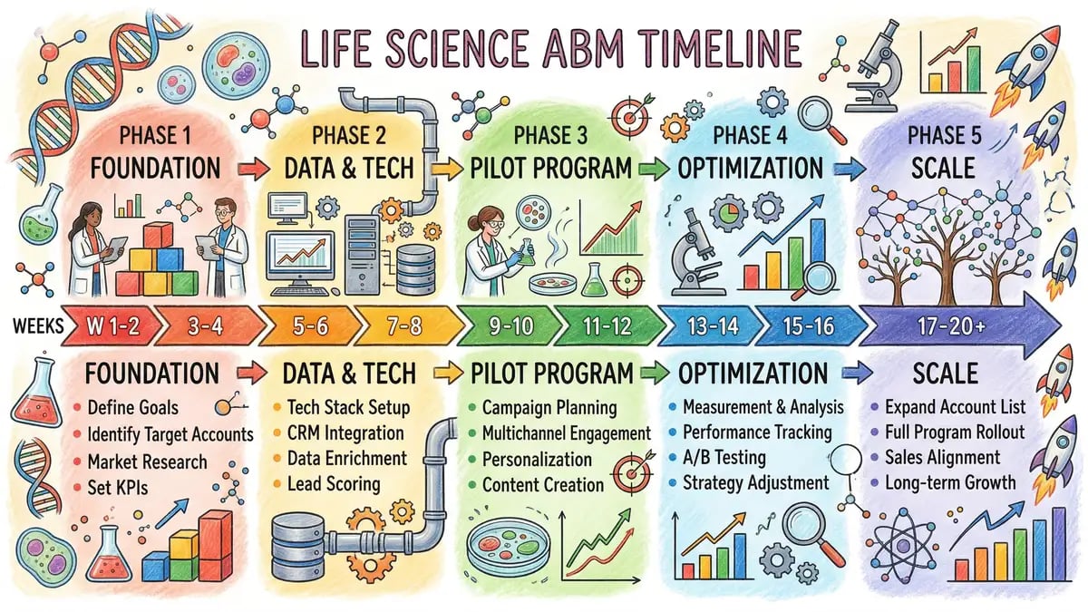 Life science ABM implementation timeline showing five phases from foundation through scale with weekly milestones