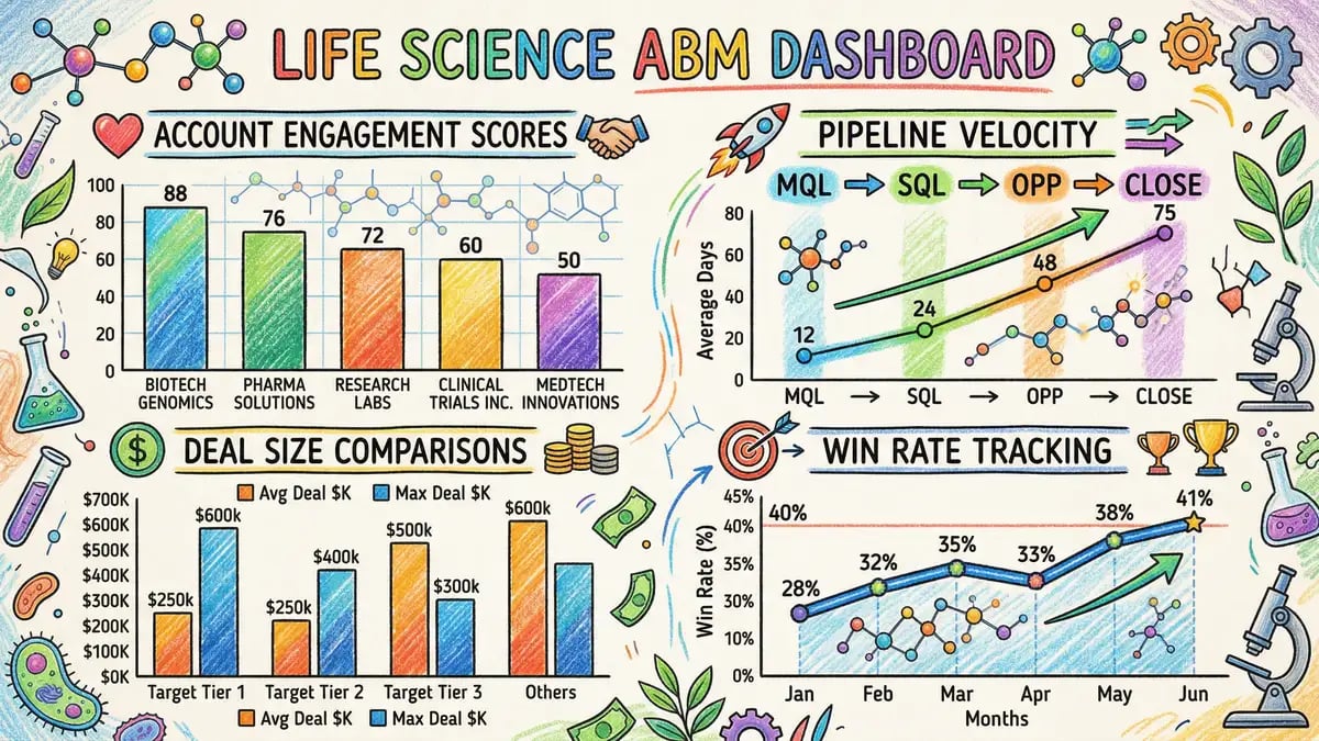 ABM metrics dashboard showing account engagement scores, pipeline velocity, and win rate tracking for life science companies