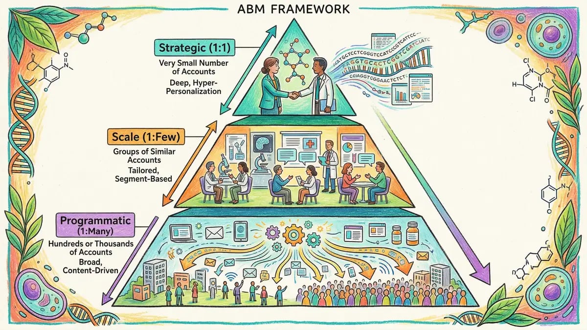 Three-tier account-based marketing framework for life science companies showing Strategic, Scale, and Programmatic tiers