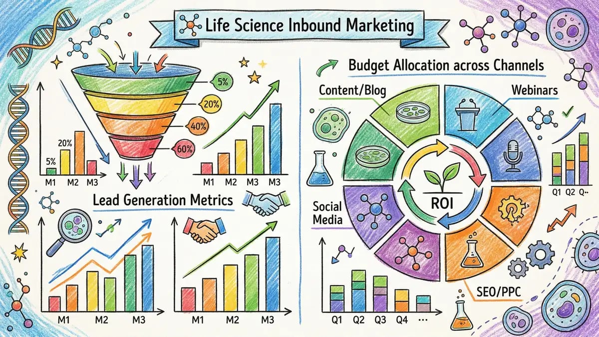 Life science inbound marketing ROI dashboard showing lead generation metrics and conversion funnel