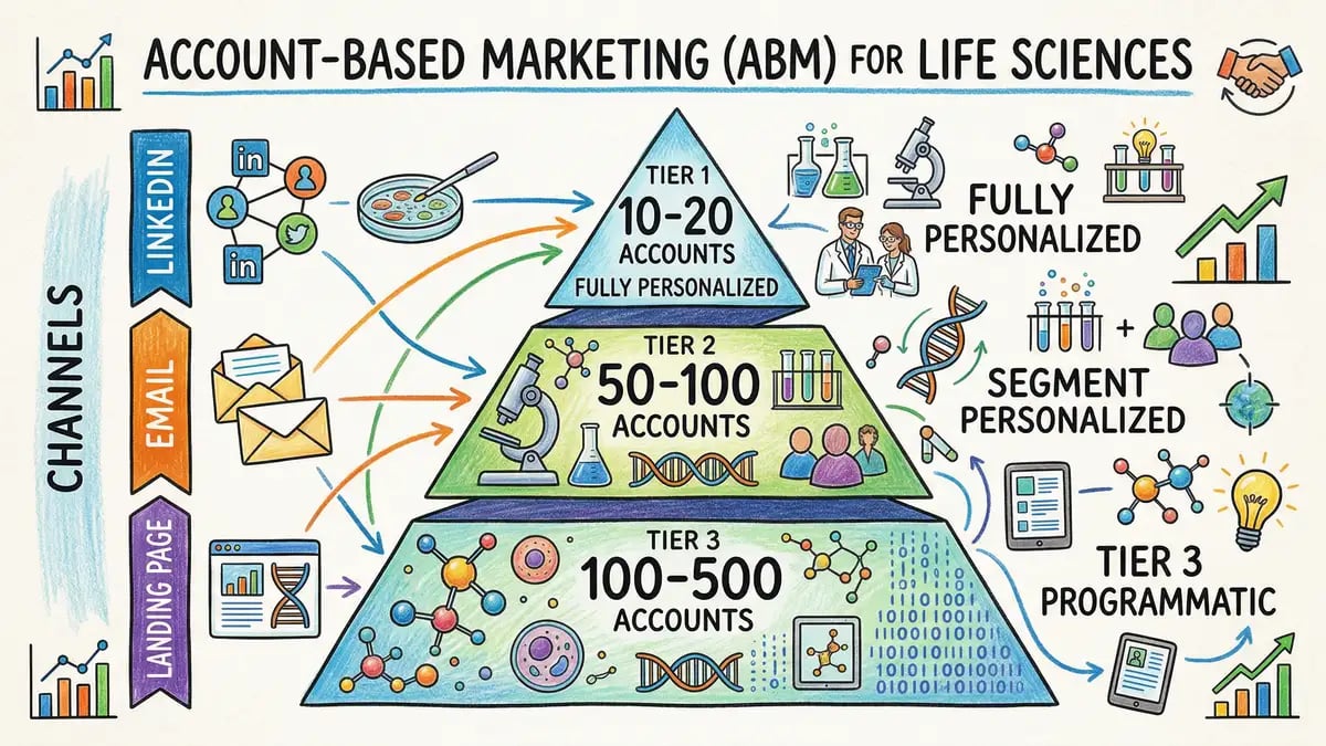 Account-based marketing strategy framework for life science companies showing three tiers of accounts with multi-channel execution