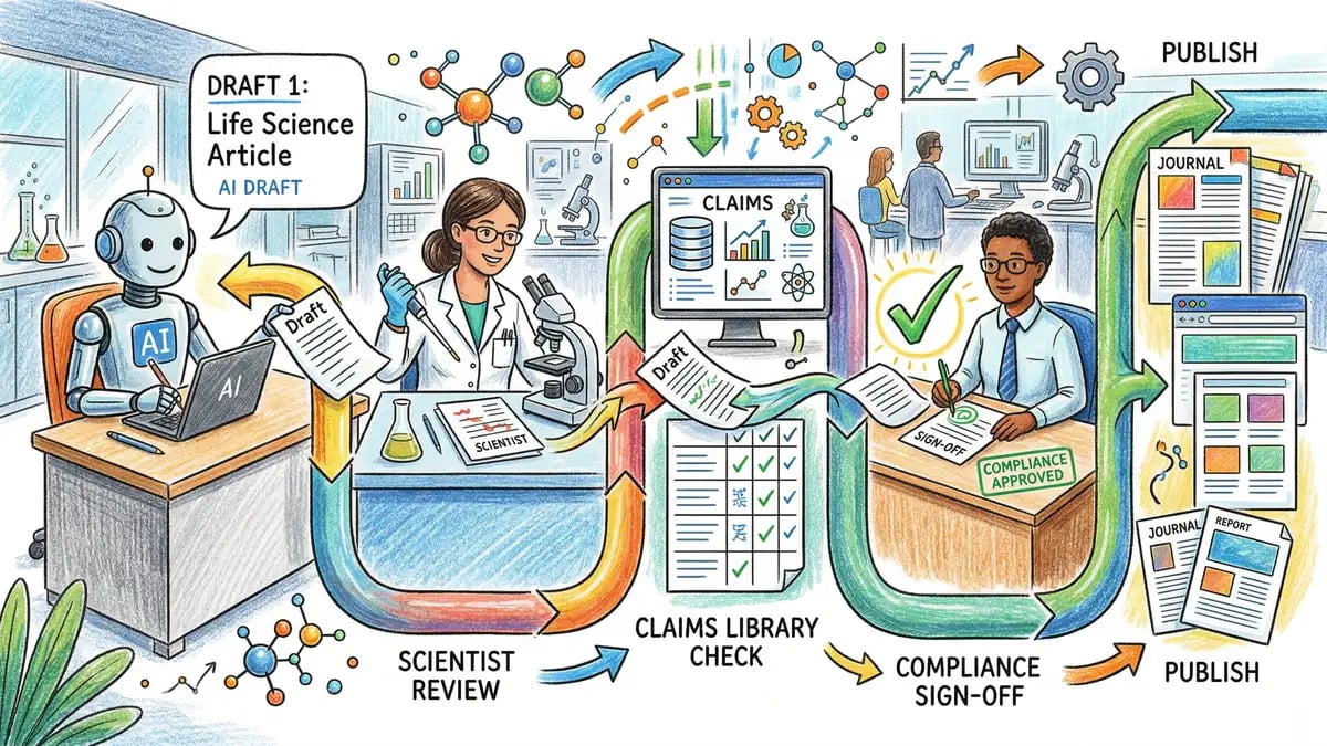 AI workflow for life science content creation showing pipeline from AI draft to scientist review to compliance sign-off to publish