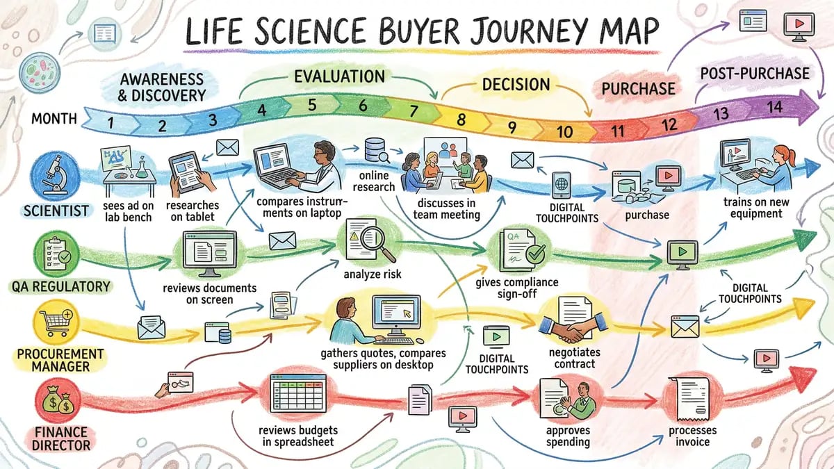 Life science buyer journey map showing multiple stakeholder roles across an 8-14 month sales cycle with digital touchpoints