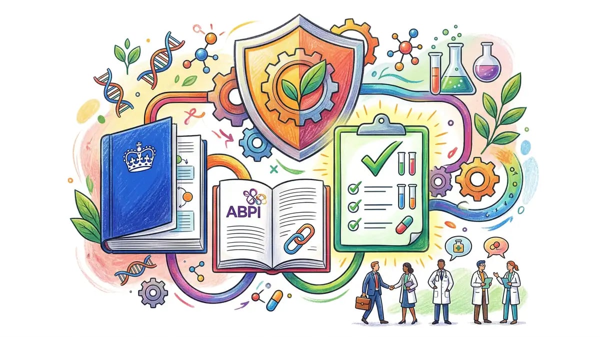 UK regulatory compliance framework for life science marketing showing MHRA Blue Guide and ABPI Code of Practice